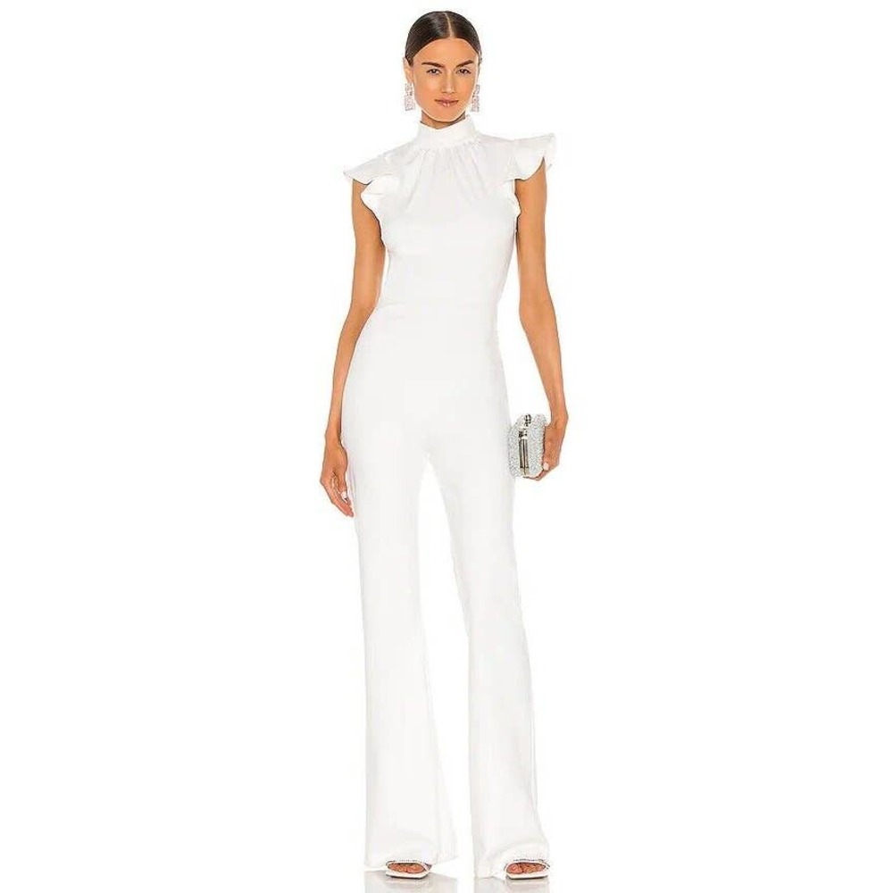 Amanda Uprichard Davina Optic White High-Neck Ruffle Sleeve Jumpsuit Medium